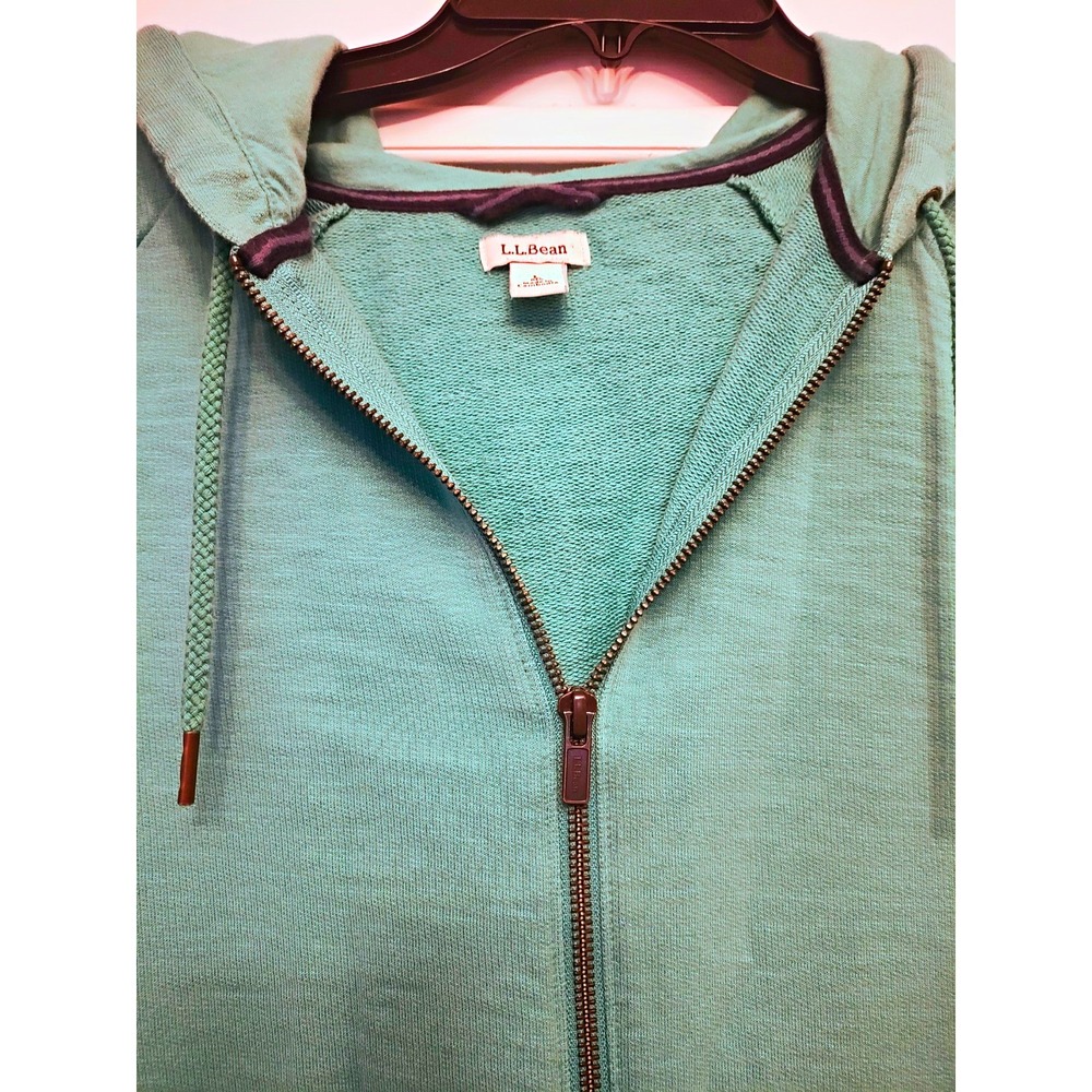 L.L. Bean Womens Large Full Zip Hoodie Seafoam Green 100% Cotton Hooded Jacket
